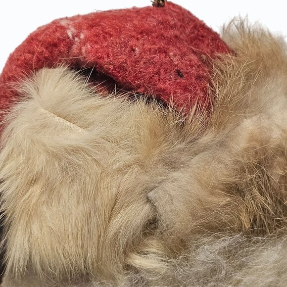 Vtg 7" Paper Mache Santa Face Ornament Wool Beard Rabbit Fur Trim Fabric Hat - Picture 7 of 10
